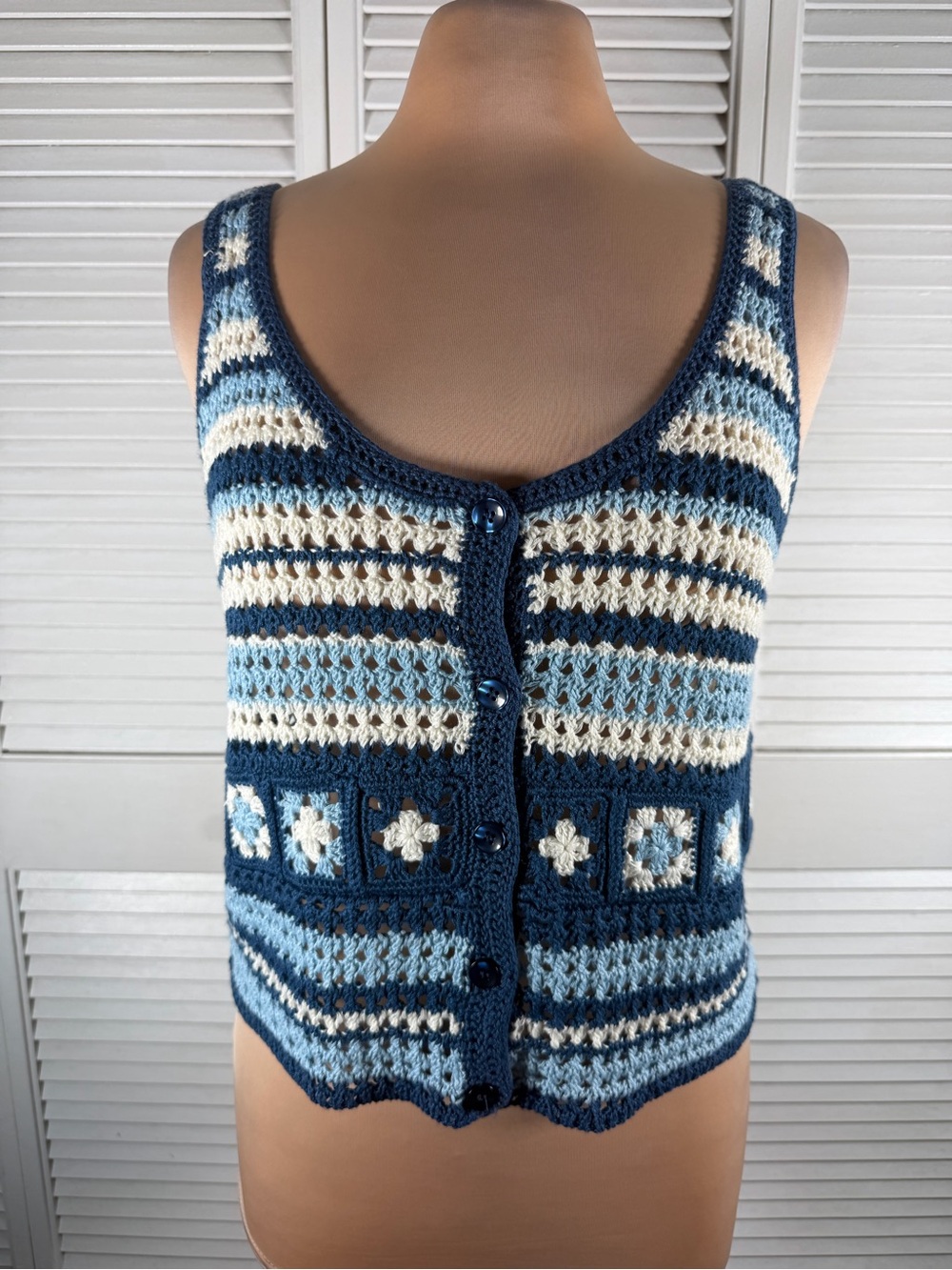 Cotton Emporium Crochet Knit Button Front Tank Vest Blue White Boho Size L